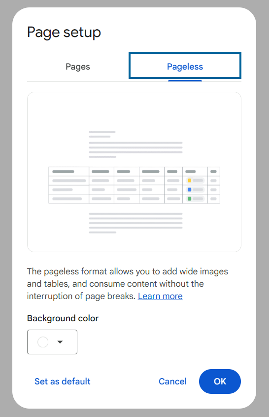 Pageless mode in Google Docs